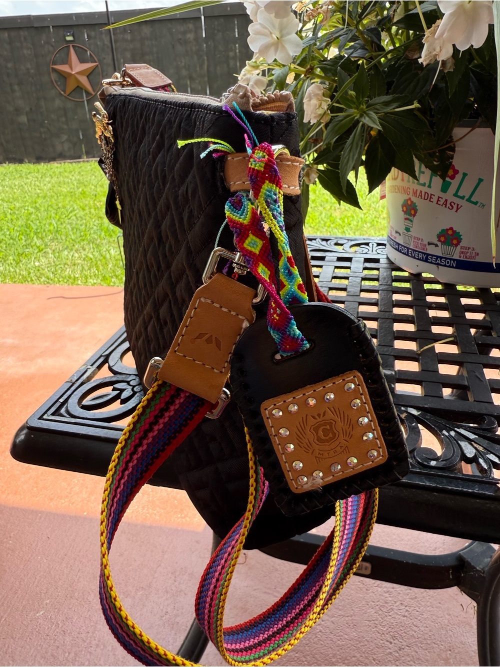 Consuela Black Quilted Crossbody Clutch Rainbow Strap EUC + Accessories - Picture 4 of 13